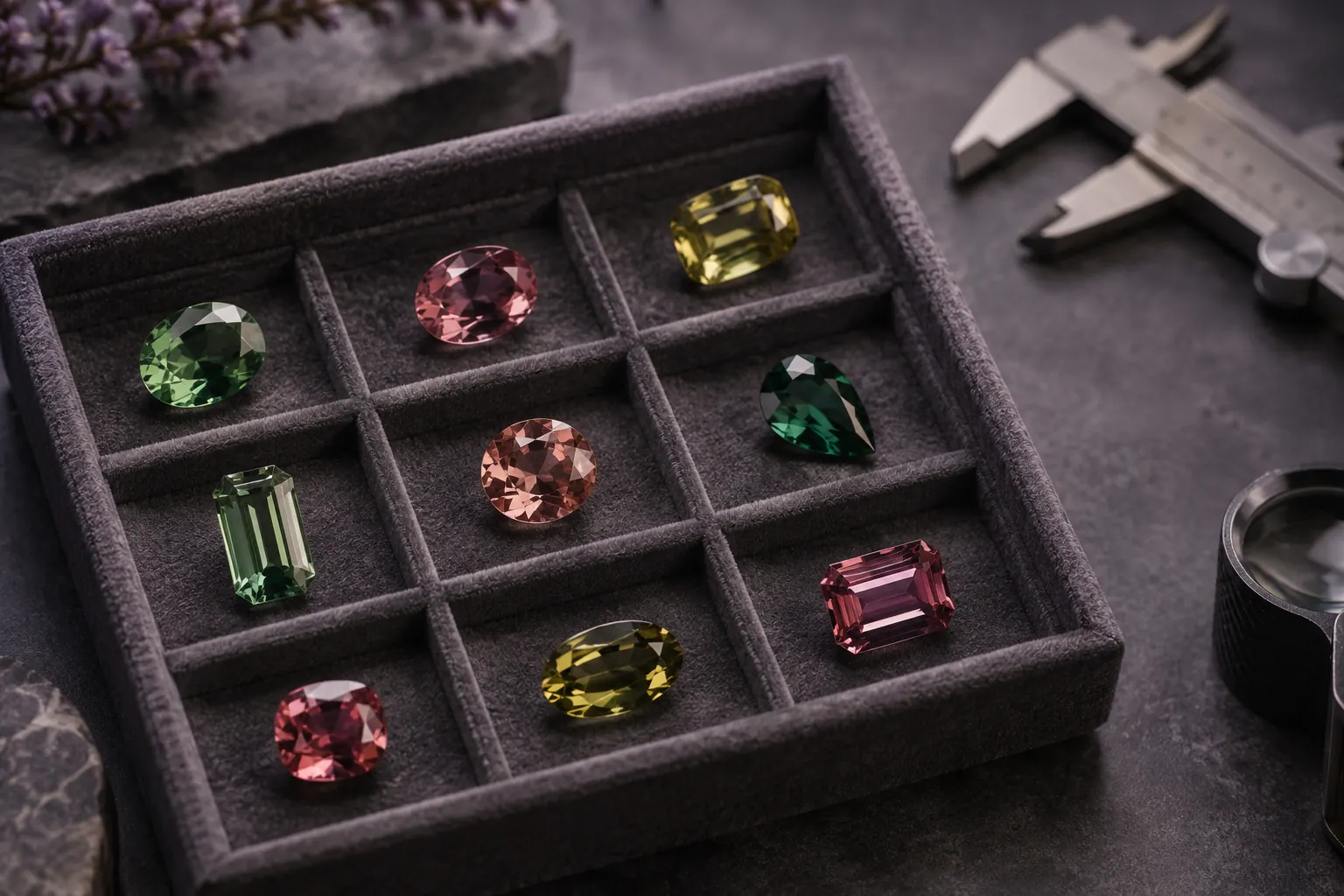 AI-generated illustration of assorted colored gemstones on a collector's tray; not documented tourmaline specimens